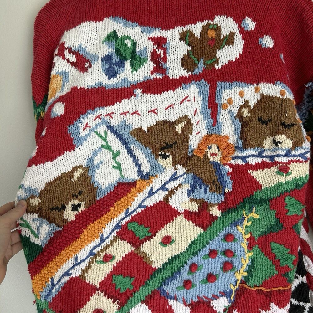 Vintage The Eagle's Eye S Teddy Bear Tacky Ugly Christmas Sweater Red Oversized - Picture 7 of 8